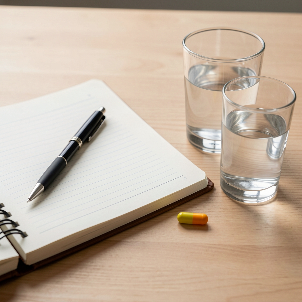 Notebook and pen beside a supplement capsule and glass of water, illustrating a simple daily wellness checklist