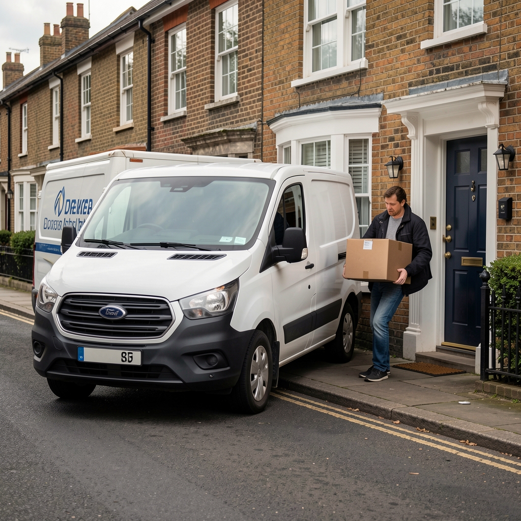 Delivery courier van parked on a residential UK street with a parcel being carried to a front door