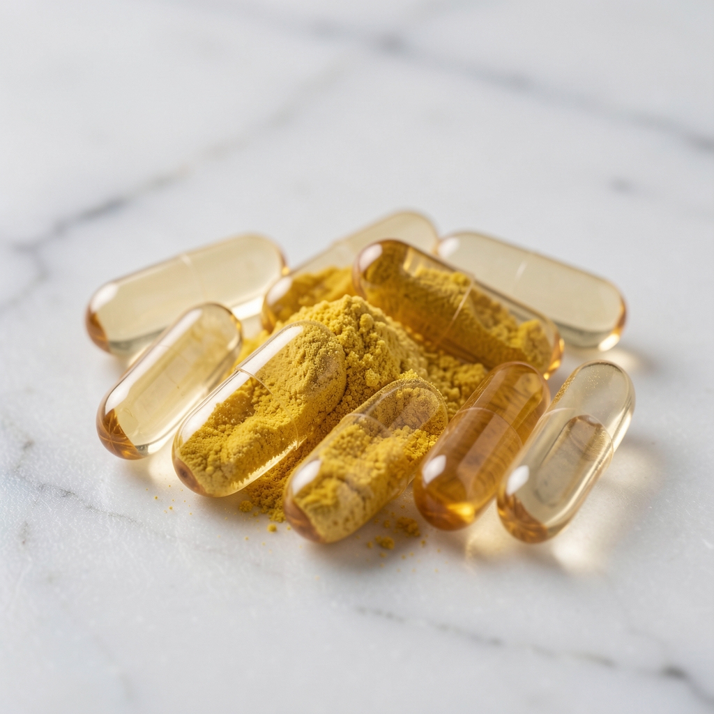 Close-up of translucent vegetarian capsules containing coenzyme Q10 ubiquinol powder on a marble surface