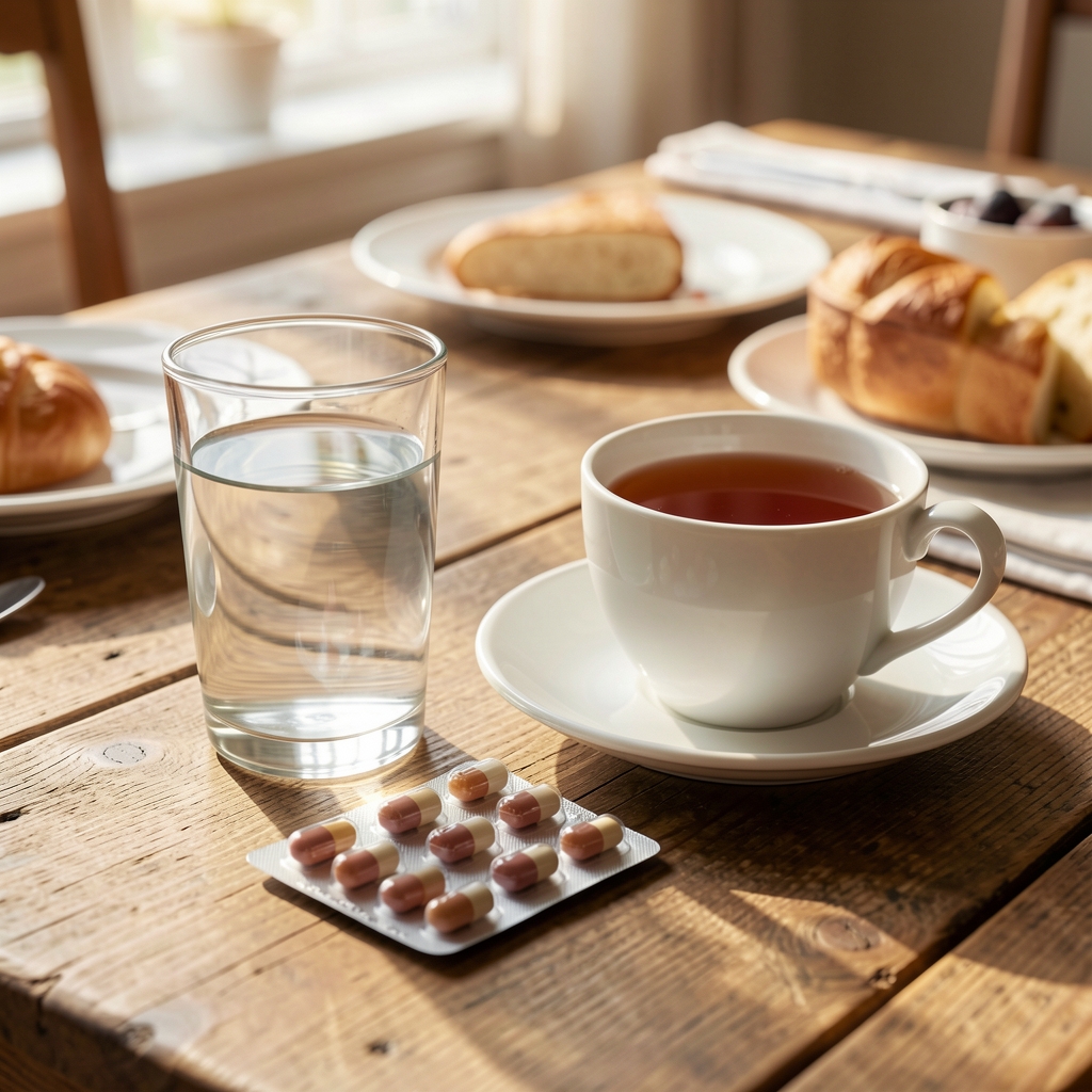 Glass of water and a capsule pack placed beside a cup of tea on a wooden breakfast table in the morning light