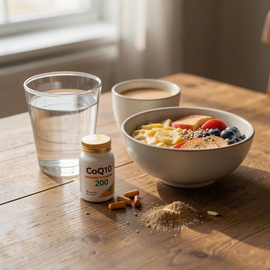 Morning routine with CoQ10 200 capsule, water glass and breakfast bowl on a wooden table