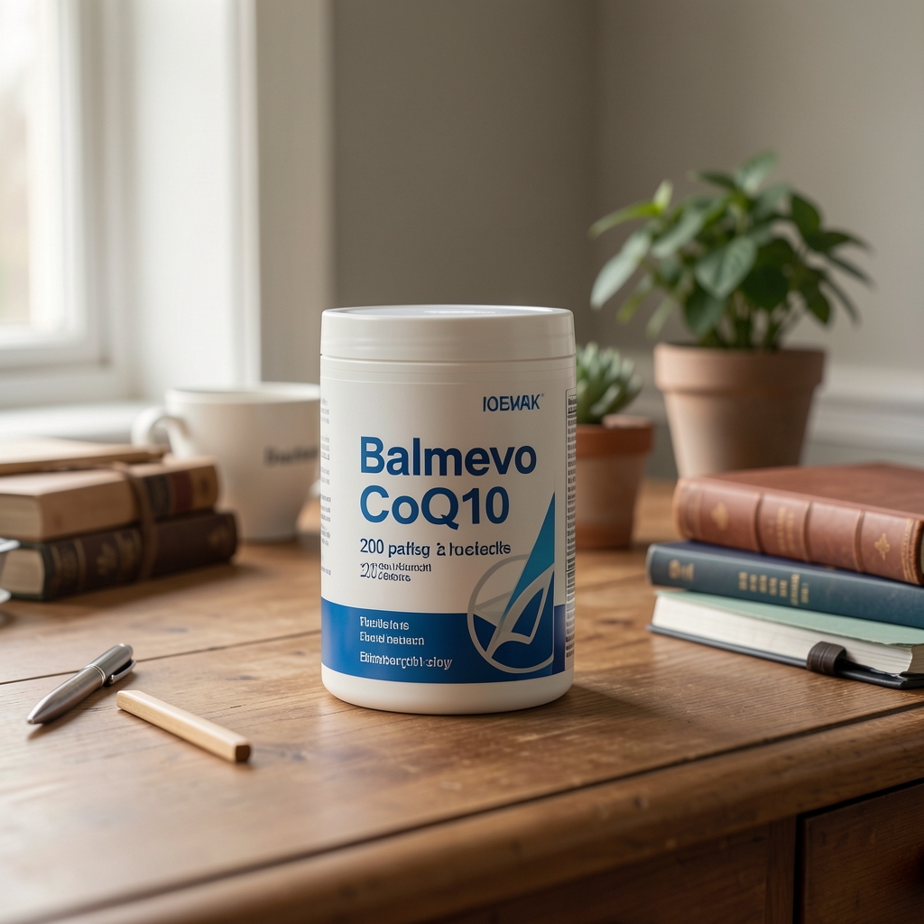 Balmevo CoQ10 200 pack displayed on a calm Edinburgh-inspired desk with product notes